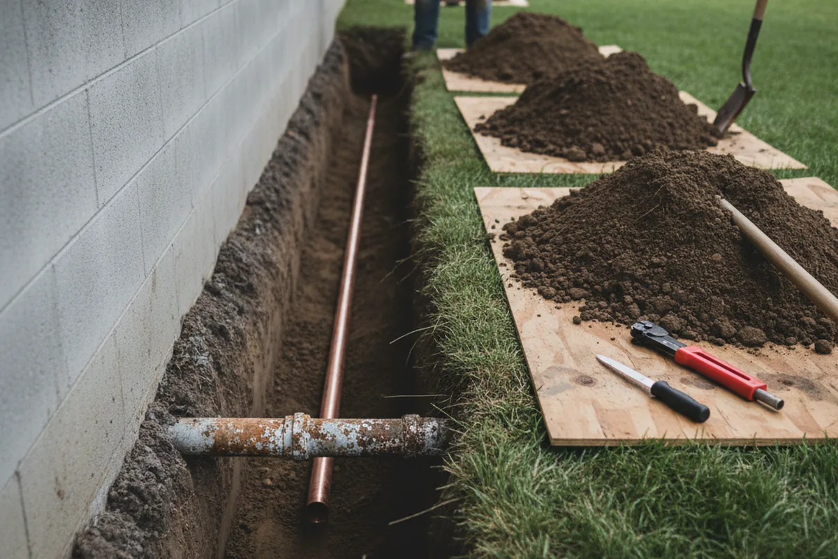 Excavated water line trench during Sewer Line Repair in Pawling